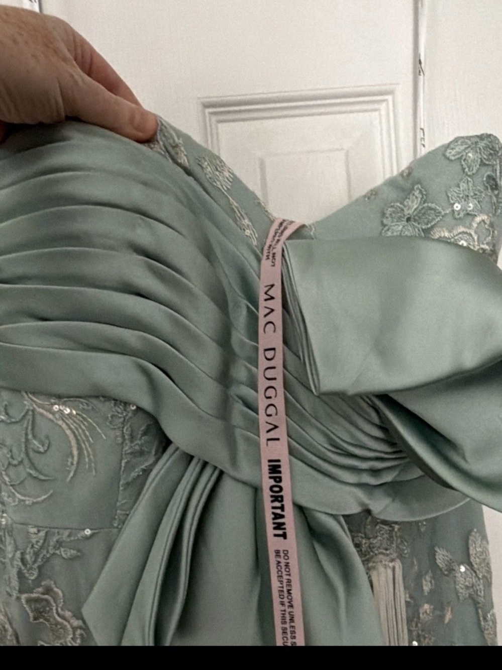 Mac Duggal Strapless Mint Green Bow-Detail Fringe Sheath Dress - Picture 8 of 11